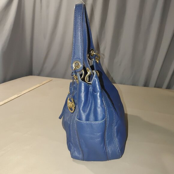 Michael Kors Ludlow Handbag Blue Soft Leather Tote Purse Gold Drawstring Details - Picture 13 of 14